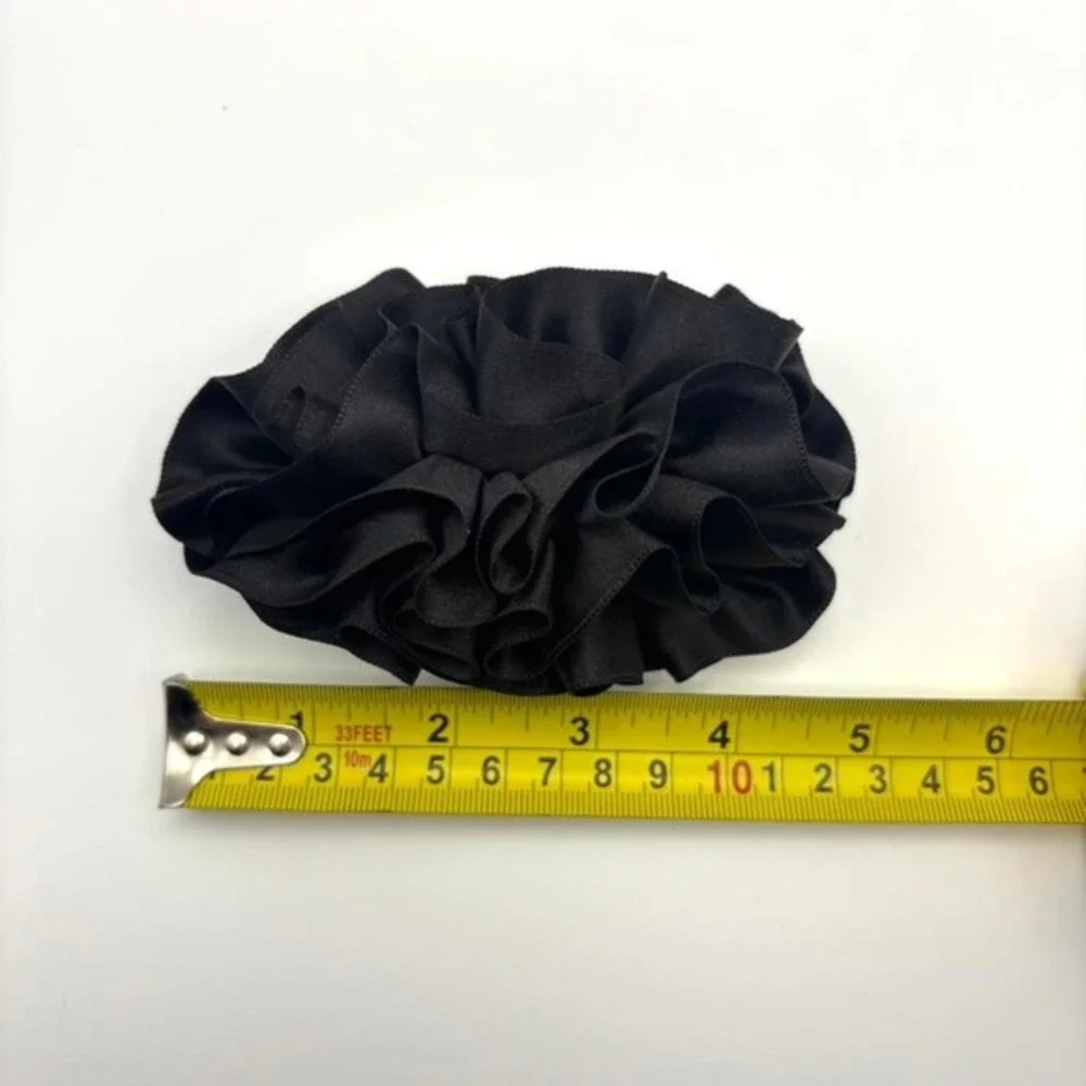 Vintage Made in France Black Ruffled Satin Peony Floral Style Hair Clip Barrette